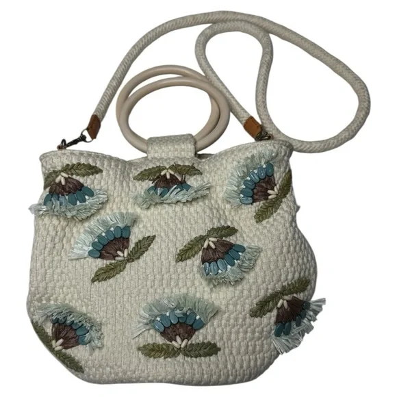 Lucky Brand Raffia Flower Crossbody Bag Natural Wood Handles Boho - Picture 8 of 16